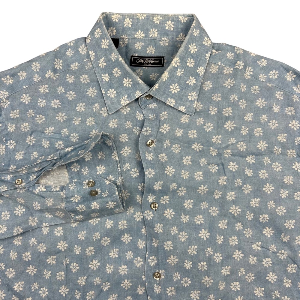 Saks Fifth Avenue Shirt Mens L Light Blue Daisy Floral 100% Linen Button Up
